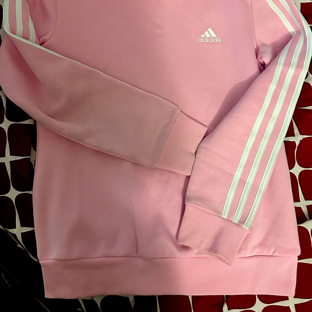 Adidas pink three stripes crew neck sweatshirt